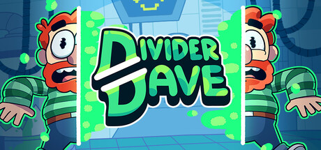 Key art for Divider Dave showing two mirrored versions of Dave flanking the game's logo in a green-lit lab corridor
