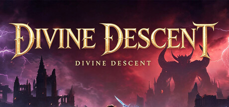 The Divine Descent logo over a lightning-lit gothic city skyline, silhouetted against a towering horned demon figure