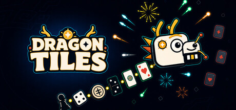 Dragon Tiles key art showing a dragon-headed robot trailing playing cards, dice and mahjong tiles