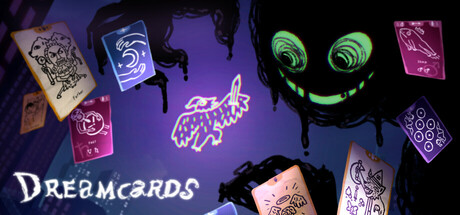 Hand-drawn tarot-style cards floating around a grinning green-eyed nightmare creature dripping black ooze, with the Dreamcards logo in white script