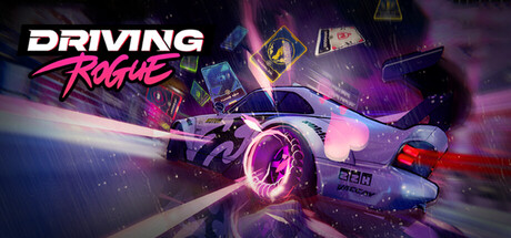 Driving Rogue key art showing a stylized sports car drifting through a neon-purple tunnel with road signs flying past