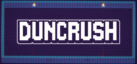 Pixel-art Duncrush logo set against a dungeon wall with flickering torches