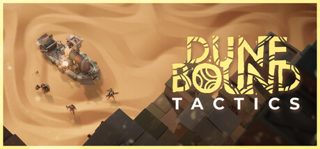 Dunebound Tactics key art showing a sand-faring caravan under attack beside the game's logo