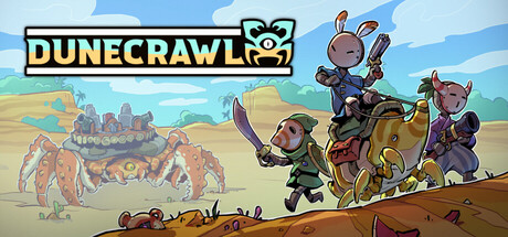 DuneCrawl key art showing a crew of rabbit-like characters riding atop a giant crab crawler across the sand