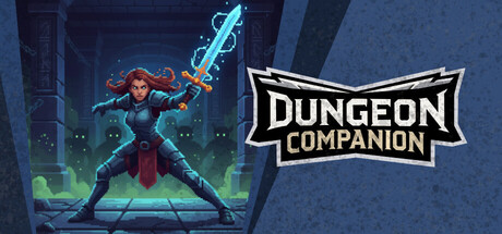 Dungeon Companion key art showing a red-haired armoured warrior wielding a glowing blue sword