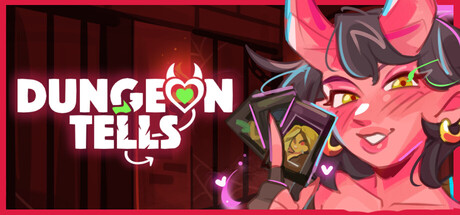 Dungeon Tells key art showing a horned demon dungeon boss fanning out a hand of hero cards