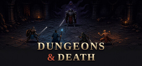 Key art showing the four playable classes — Warrior, Wizard, Rogue, and Monk — facing off against a large armoured figure seated on a throne, with the Dungeons & Death logo below