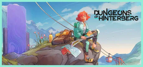 Dungeons of Hinterberg key art showing protagonist Luisa sitting on an alpine rock with hiking gear and a sword, cable cars and mountains in the background