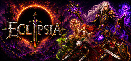 Eclipsia key art showing a dark sorcerer flanked by four armoured heroes against a crimson eclipse