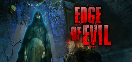Key art for Edge Of Evil showing a ghostly cloaked pirate spirit with glowing red eyes looming over a candlelit crypt entrance