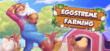 A cartoon farmer carries a bundle of eggs beside a chicken coop in the Eggstreme Farming title art