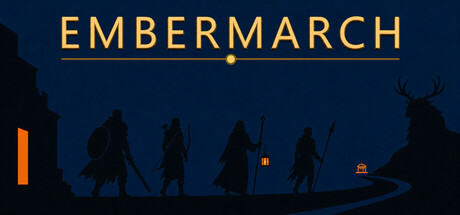 Silhouetted key art for Embermarch showing four lantern-bearing adventurers walking a dark winding road toward a distant shrine, with an antlered figure watching from the shadows