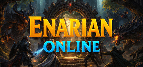 Enarian Online key art showing armoured adventurers facing dragons before a glowing stone archway