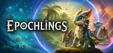 Epochlings logo beside a stylised prehistoric creature design, with smaller creatures and a portal in the background