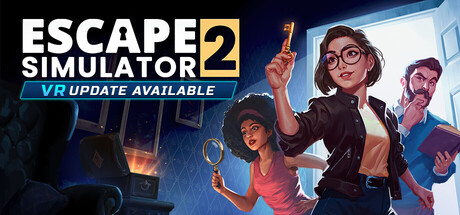 Key art for Escape Simulator 2 showing three characters holding a key and magnifying glass, with a banner reading "VR Update Available"