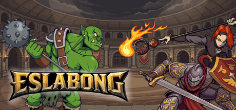 Eslabong key art with an orc brawler and an armored crusader facing off inside an arena, flanking the game's logo