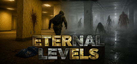 Eternal Levels key art showing a survivor fleeing red-eyed entities down a fluorescent-lit backrooms corridor
