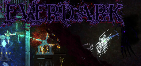 Header art for EverDark showing the game's jagged purple-outlined title lettering above a dark steampunk settlement scene, with a windmill-like structure, a ghostly white Construct figure, scattered star-like particles, and a large clawed dark shape looming at the right edge