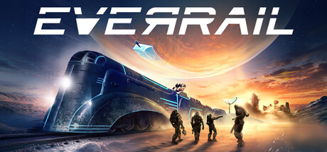 Header art for EverRail showing the train's front carriage with four suited survivors walking alongside it, set against a hazy ringed planet in the sky, next to the game's logo