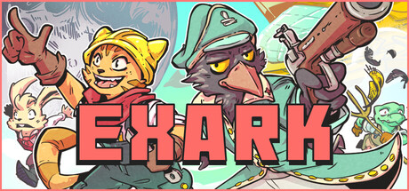 Key art for Exark showing a cat, a bird pirate captain, and other animal crew members aboard their ark-ship