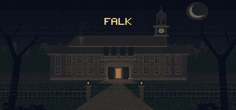 Pixel-art key art showing the imposing institute of Kurat at night under a crescent moon, its entrance lit by lanterns behind a gated path lined with bare trees