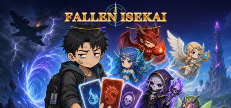 The Fallen Isekai logo beside key art of protagonist Lin Mo holding three cards, flanked by a dragon, an angel, and a hooded undead character