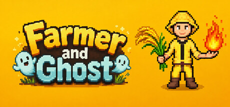 Farmer and Ghost logo beside a pixel-art farmer in a conical hat holding rice stalks in one hand and a glowing flame in the other