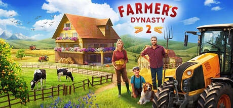 Key art for Farmer's Dynasty 2, showing a farming family and a tractor in front of their farmhouse