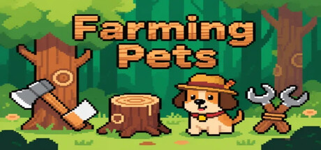 The Farming Pets pixel-art logo, showing a cartoon dog wearing a ranger hat beside a chopped tree stump, two crossed axes, and a wrench-and-screwdriver icon over a green forest background