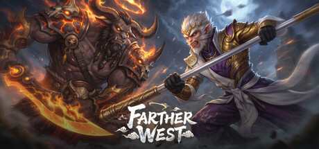 Key art showing Sun Wukong wielding a staff against a horned demon boss amid fire and smoke, with the Farther West logo