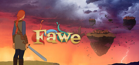 A red-haired adventurer with a sword looks out at floating islands drifting through a stormy orange-and-purple sky above the Fawe logo