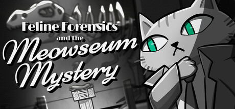 Logo art for Feline Forensics and the Meowseum Mystery showing a noir gray cat detective in a trench coat beside a dinosaur skeleton, in black-and-white with green eye highlights