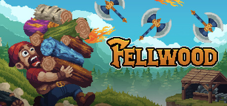 Key art for Fellwood, showing a lumberjack fleeing a hail of flying axes