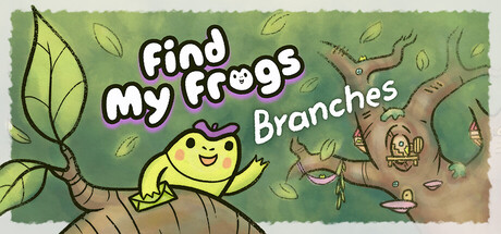 Find My Frogs: Branches logo art with a frog waving beside a tree full of hidden creatures