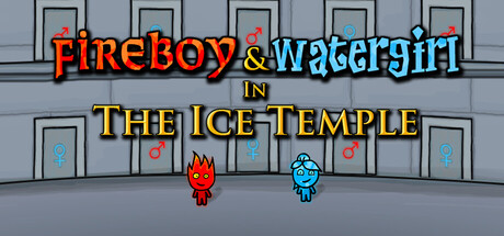 Key art showing Fireboy and Watergirl standing in front of an icy temple courtyard, under the game's logo