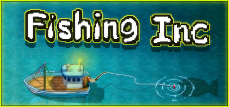 Fishing Inc title screen showing a pixel-art fishing boat casting a line toward a shadowy fish