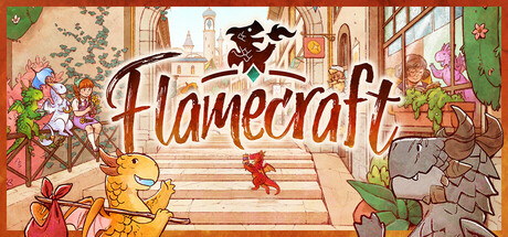 Flamecraft key art showing colorful dragon artisans and townsfolk gathered on a sunlit cobblestone street beneath the game's logo