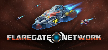 Flaregate Network key art showing a large flagship escorted by fighters streaking through space above the game's logo