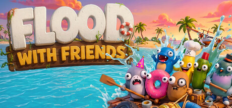 Flood With Friends key art with cartoon castaway characters piled on a raft at sunset