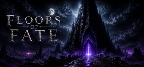 Floors of Fate key art showing a lone knight walking toward a glowing purple gate at the base of a towering dark spire under a night sky
