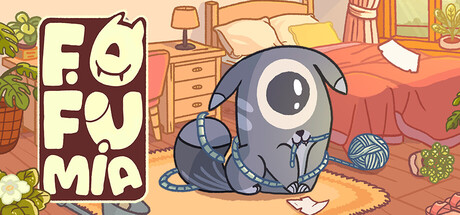 Fofumia key art showing the one-eyed cyclops cat Luno curled up on a rug in a cozy bedroom, tangled in a ball of yarn