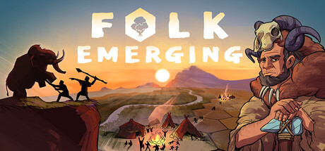 Folk Emerging key art showing a mammoth being hunted by spear-wielding tribespeople on a cliff, a Stone Age settlement in a valley, and a horned tribal elder in the foreground at sunset