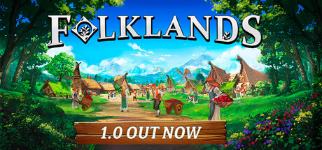 Folklands key art showing a thriving thatched-roof Nordic village nestled among trees and mountains, with a '1.0 Out Now' banner