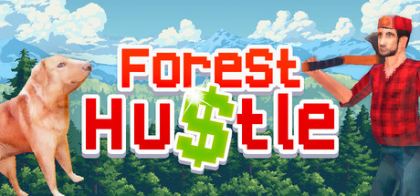 Key art showing a lumberjack, a dog and the Forest Hustle logo in front of a pine forest