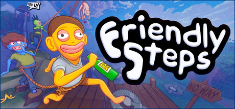 Friendly Steps key art showing a rope-tied, intoxicated cartoon character stumbling past a bird and stylized city rooftops