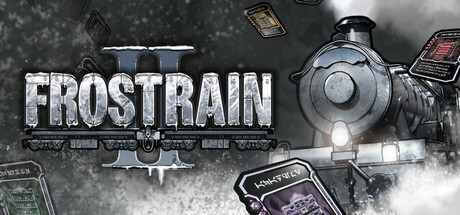 The 'Frostrain II' logo in frost-covered metallic lettering beside a monochrome illustration of a steam locomotive, with playing-card-like train-car tiles scattered around it against a snowy backdrop