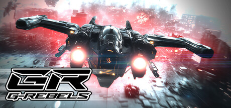 Header art for G-Rebels showing a black gunship-style Skyblade craft diving toward the camera against a hazy, red-lit war-torn cityscape, next to the game's logo
