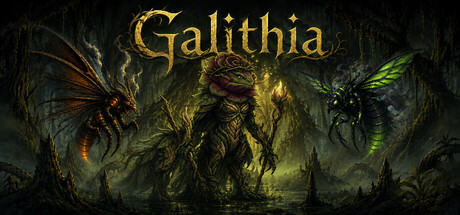 Galithia logo beside dark-fantasy monster art showing a moth-winged creature, a plant-limbed humanoid figure holding a lantern, and a green beetle-like creature