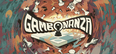 The Gambonanza logo in bold cracked lettering over a swirling vortex of scattering chess pieces, with a single black pawn standing on a glowing chessboard screen at the center