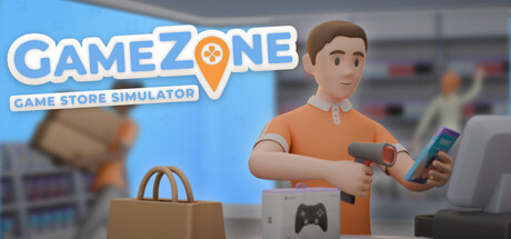 GameZone - Game Store Simulator title art showing a store clerk scanning a controller box at a checkout counter